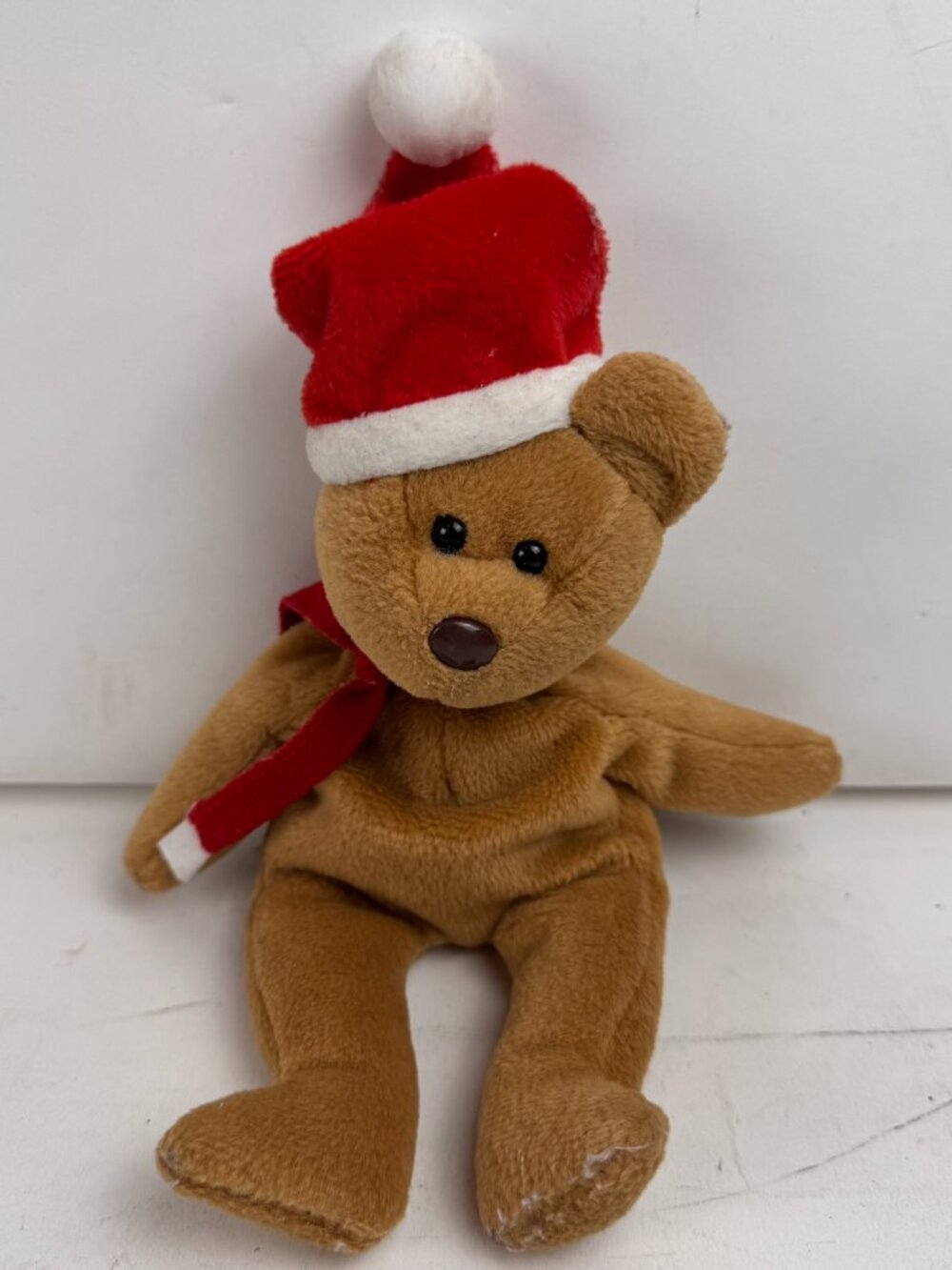 Vintage Christmas Teddy Bear Plush Santa Hat Red Scarf Holiday Stuffed Animal 9"